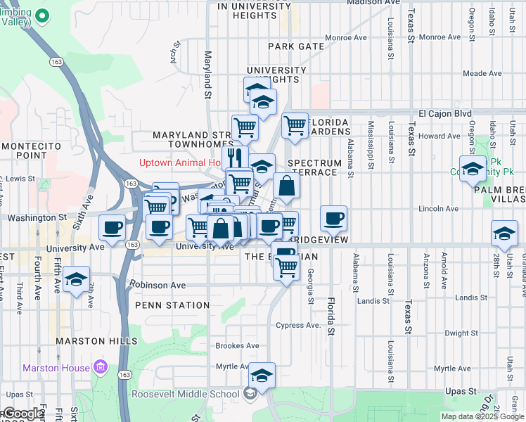 map of restaurants, bars, coffee shops, grocery stores, and more near 3914 Centre Street in San Diego