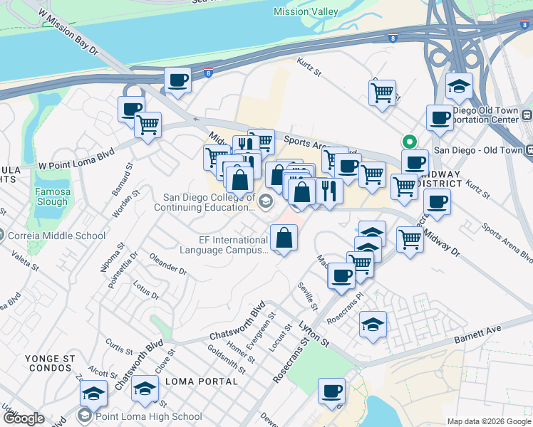 map of restaurants, bars, coffee shops, grocery stores, and more near 3250 Kenyon Street in San Diego
