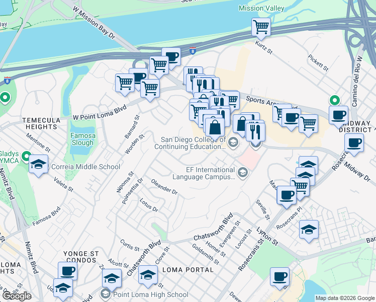 map of restaurants, bars, coffee shops, grocery stores, and more near 3656 Leland Street in San Diego