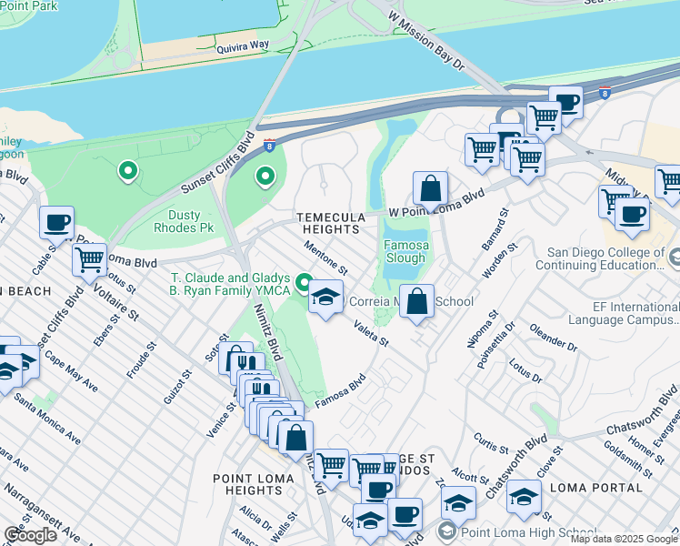 map of restaurants, bars, coffee shops, grocery stores, and more near 2616 Camulos Street in San Diego