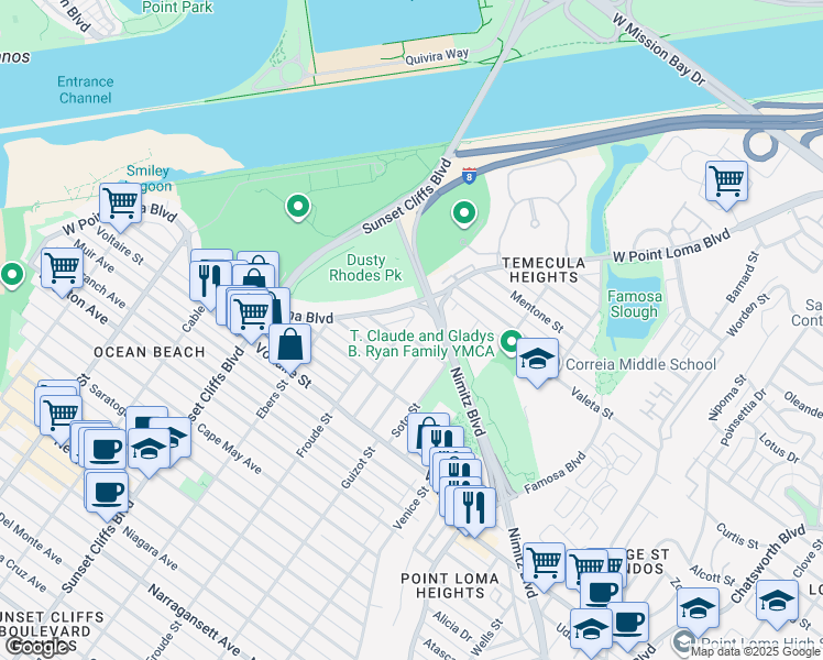 map of restaurants, bars, coffee shops, grocery stores, and more near 2376 Etiwanda Street in San Diego