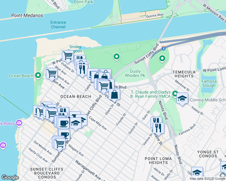 map of restaurants, bars, coffee shops, grocery stores, and more near 4719 Lotus Street in San Diego