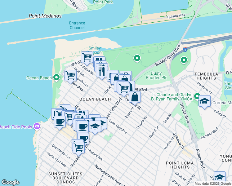 map of restaurants, bars, coffee shops, grocery stores, and more near 4839 Muir Avenue in San Diego