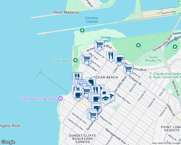 map of restaurants, bars, coffee shops, grocery stores, and more near 5004 Cape May Avenue in San Diego