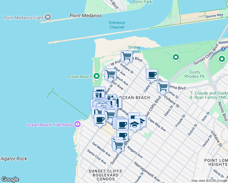 map of restaurants, bars, coffee shops, grocery stores, and more near 5060 Saratoga Avenue in San Diego