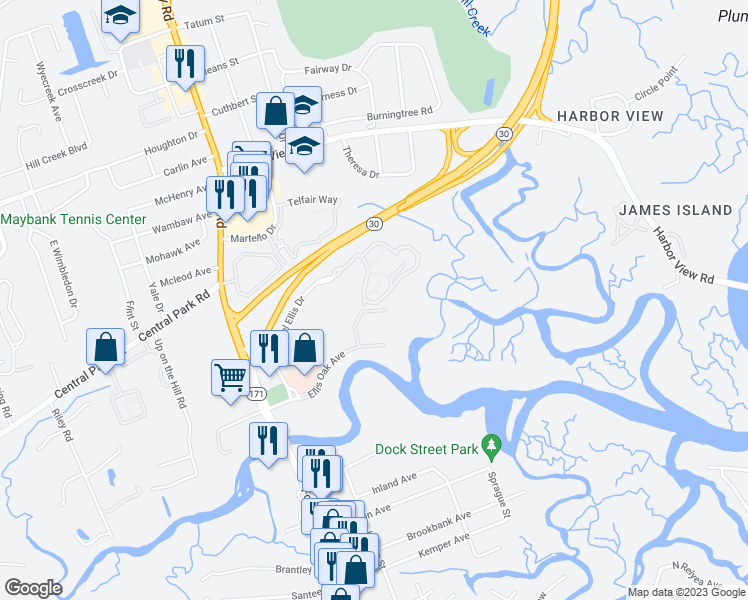 map of restaurants, bars, coffee shops, grocery stores, and more near 817 Mary River Lane in Charleston