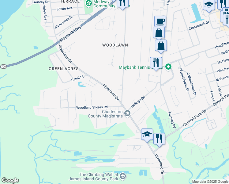 map of restaurants, bars, coffee shops, grocery stores, and more near 581 Riverland Drive in Charleston