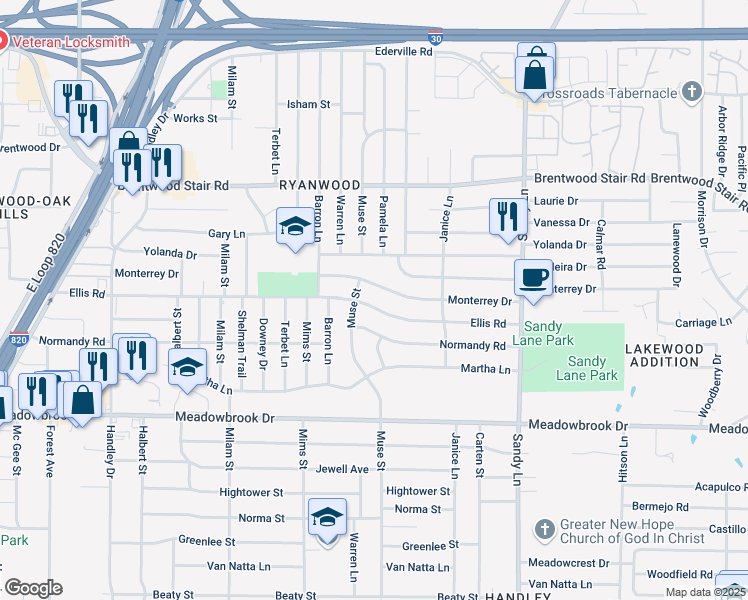 map of restaurants, bars, coffee shops, grocery stores, and more near 7220 Ellis Road in Fort Worth