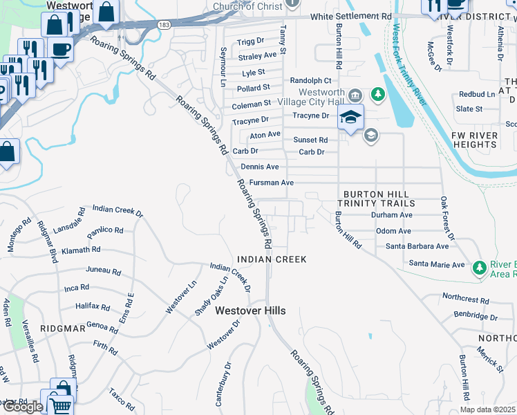 map of restaurants, bars, coffee shops, grocery stores, and more near 1081 Roaring Springs Road in Fort Worth