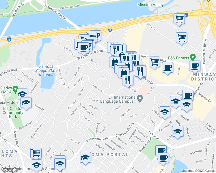 map of restaurants, bars, coffee shops, grocery stores, and more near 3656 Leland Street in San Diego
