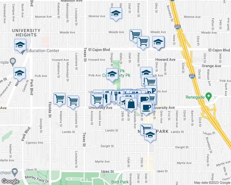 map of restaurants, bars, coffee shops, grocery stores, and more near 2719 Lincoln Avenue in San Diego