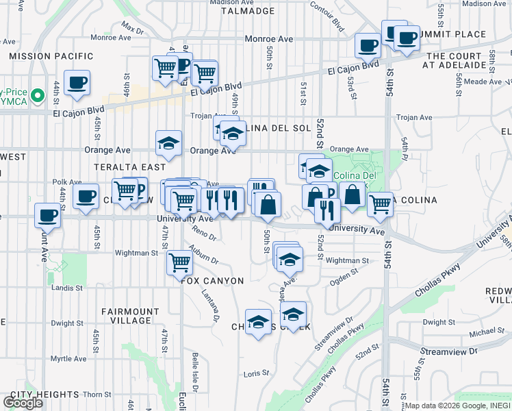 map of restaurants, bars, coffee shops, grocery stores, and more near 4037 Winona Avenue in San Diego