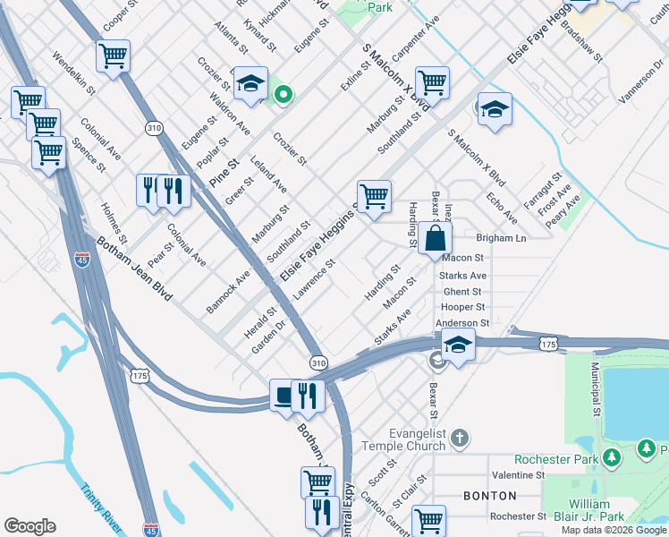 map of restaurants, bars, coffee shops, grocery stores, and more near 4914 Harwood Street in Dallas