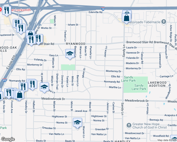 map of restaurants, bars, coffee shops, grocery stores, and more near 7220 Ellis Road in Fort Worth