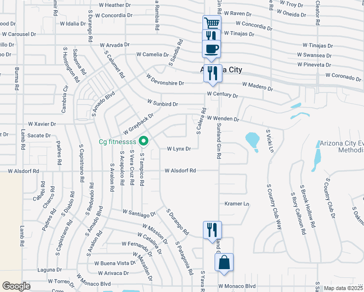 map of restaurants, bars, coffee shops, grocery stores, and more near 9950 West Lynx Drive in Arizona City