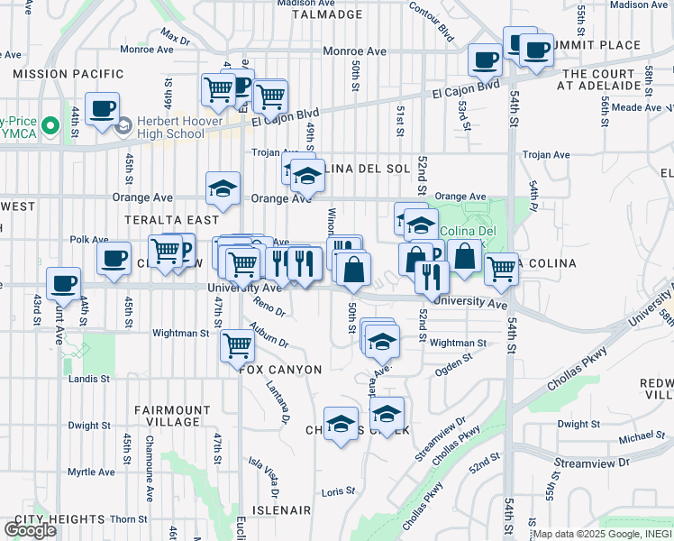 map of restaurants, bars, coffee shops, grocery stores, and more near 4015 50th Street in San Diego