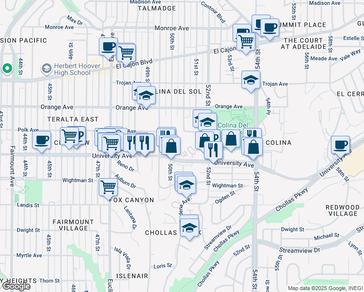 map of restaurants, bars, coffee shops, grocery stores, and more near 4041 Oakcrest Drive in San Diego