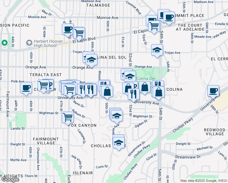 map of restaurants, bars, coffee shops, grocery stores, and more near 4041 Oakcrest Drive in San Diego