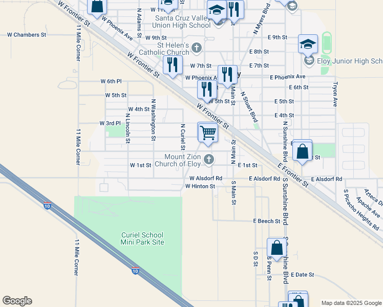 map of restaurants, bars, coffee shops, grocery stores, and more near 203 North Myers Boulevard in Eloy