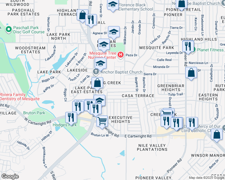 map of restaurants, bars, coffee shops, grocery stores, and more near 215 Running Brook Lane in Mesquite