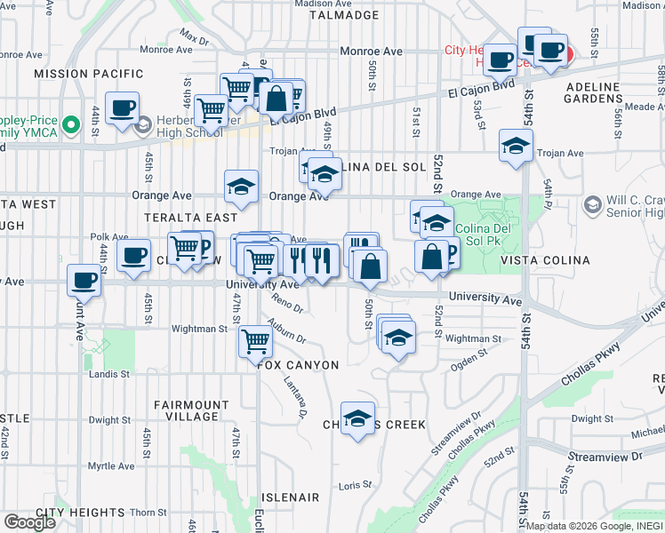 map of restaurants, bars, coffee shops, grocery stores, and more near 4086 Winona Avenue in San Diego