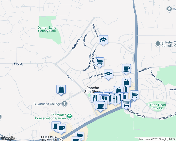 map of restaurants, bars, coffee shops, grocery stores, and more near 12150 Via Elena in El Cajon