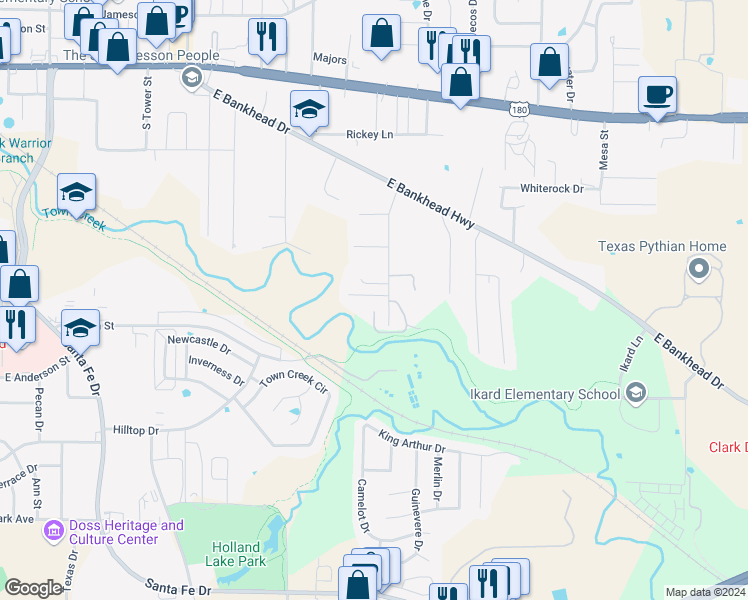 map of restaurants, bars, coffee shops, grocery stores, and more near 1314 Pamela Drive in Weatherford