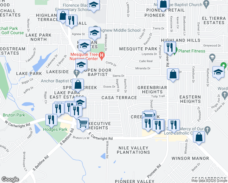 map of restaurants, bars, coffee shops, grocery stores, and more near 429 Longshadow Lane in Mesquite