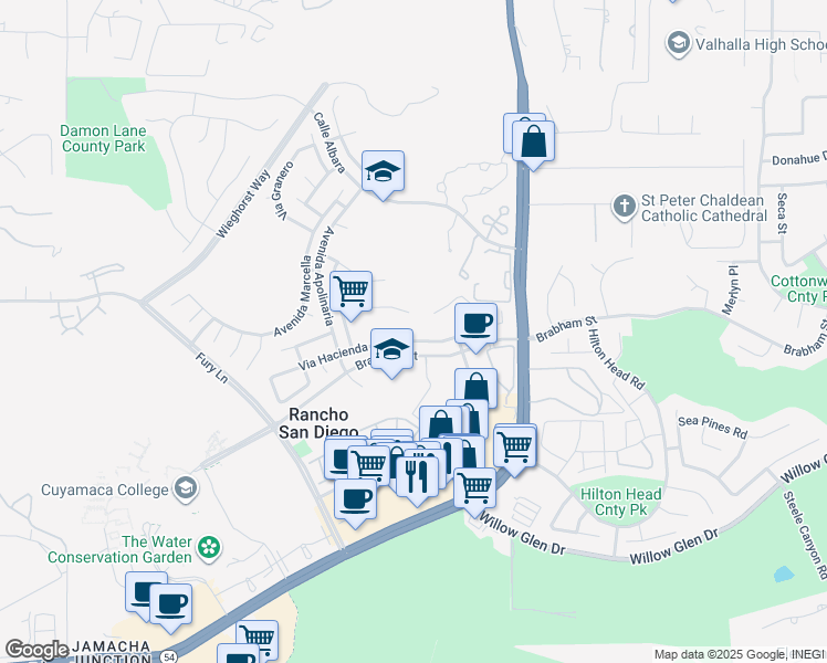 map of restaurants, bars, coffee shops, grocery stores, and more near 11787 Monte View Court in El Cajon