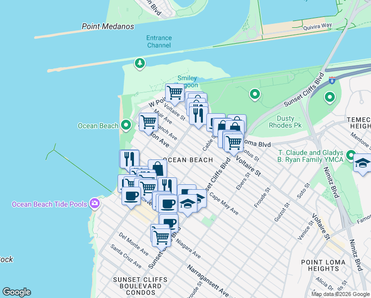 map of restaurants, bars, coffee shops, grocery stores, and more near 4963 Long Branch Avenue in San Diego