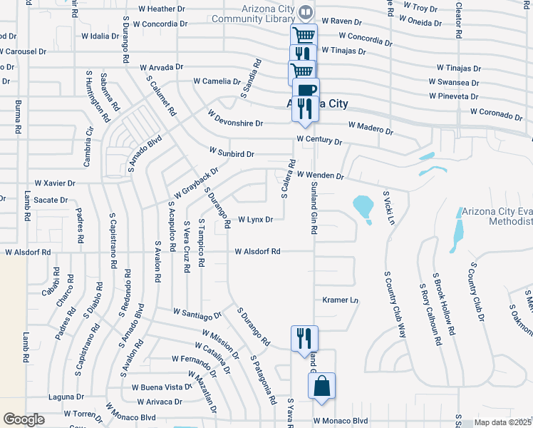 map of restaurants, bars, coffee shops, grocery stores, and more near 14220 South Calera Road in Arizona City