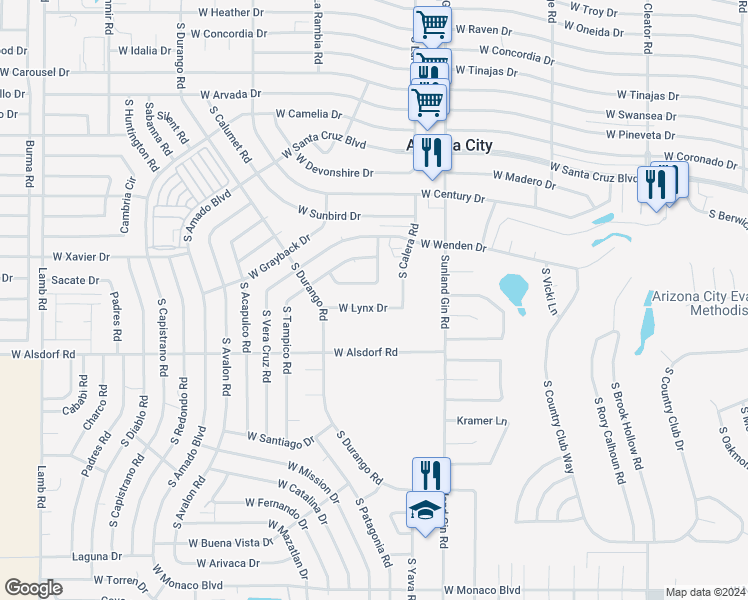 map of restaurants, bars, coffee shops, grocery stores, and more near 14220 South Calera Road in Arizona City