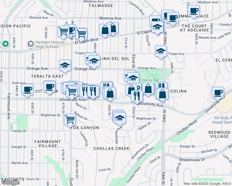 map of restaurants, bars, coffee shops, grocery stores, and more near 5063 Polk Avenue in San Diego