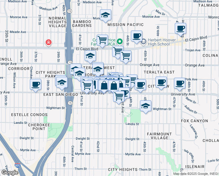 map of restaurants, bars, coffee shops, grocery stores, and more near 4070 Van Dyke Avenue in San Diego