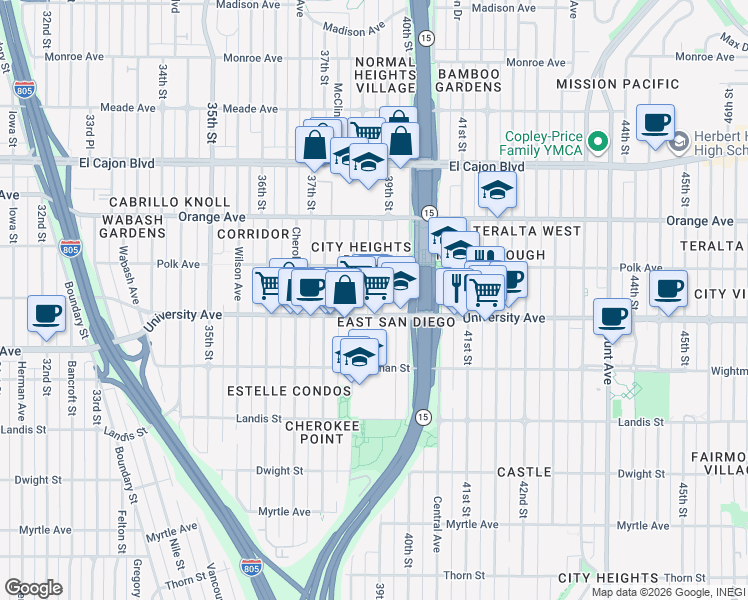 map of restaurants, bars, coffee shops, grocery stores, and more near 4072 39th Street in San Diego