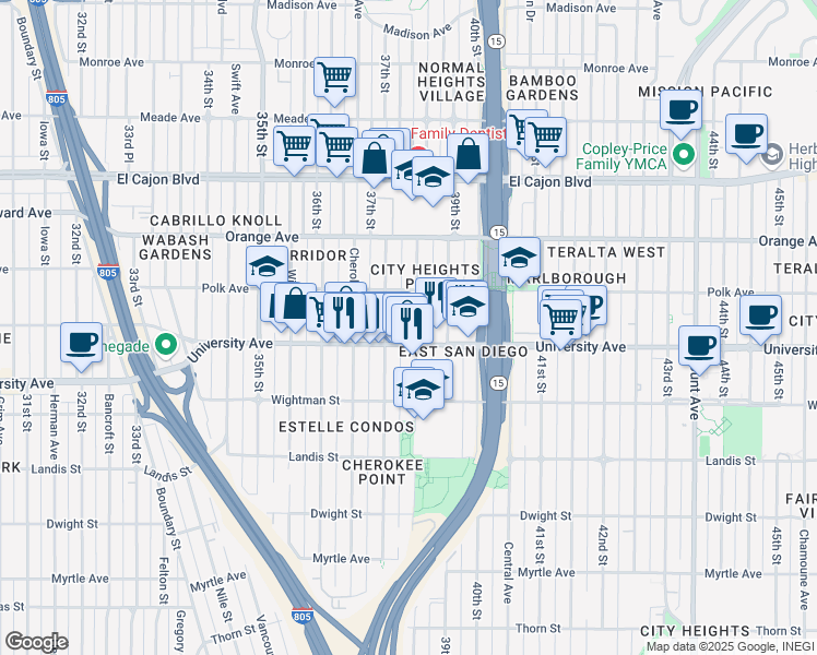 map of restaurants, bars, coffee shops, grocery stores, and more near 4057 37th Street in San Diego