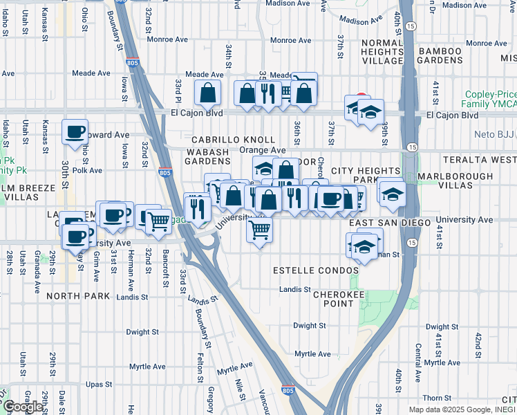 map of restaurants, bars, coffee shops, grocery stores, and more near 4064 35th Street in San Diego