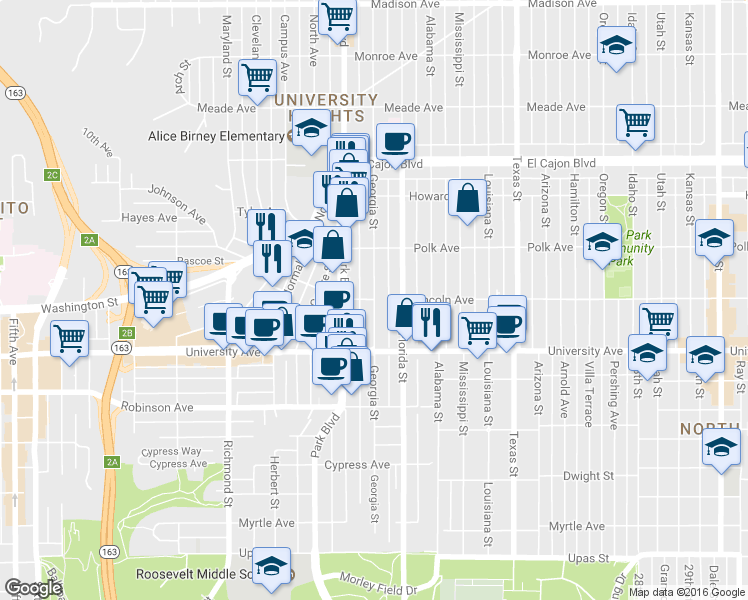 map of restaurants, bars, coffee shops, grocery stores, and more near 4038 Georgia Street in San Diego