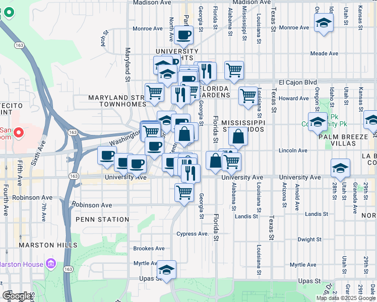 map of restaurants, bars, coffee shops, grocery stores, and more near 4038 Georgia Street in San Diego