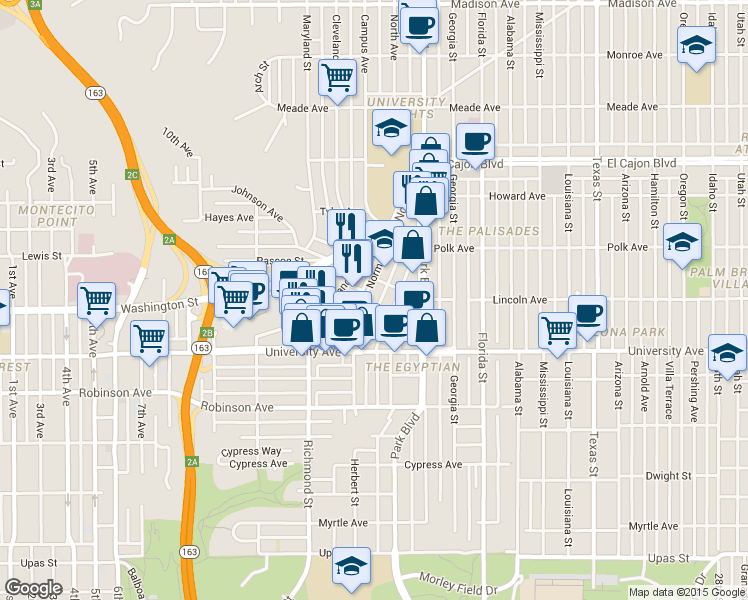 map of restaurants, bars, coffee shops, grocery stores, and more near 3983 Normal Street in San Diego