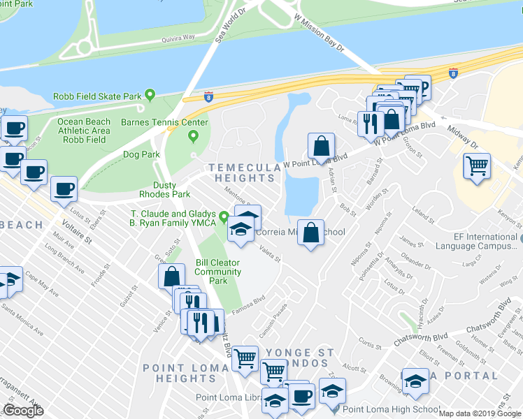 map of restaurants, bars, coffee shops, grocery stores, and more near 4359 Temecula Street in San Diego