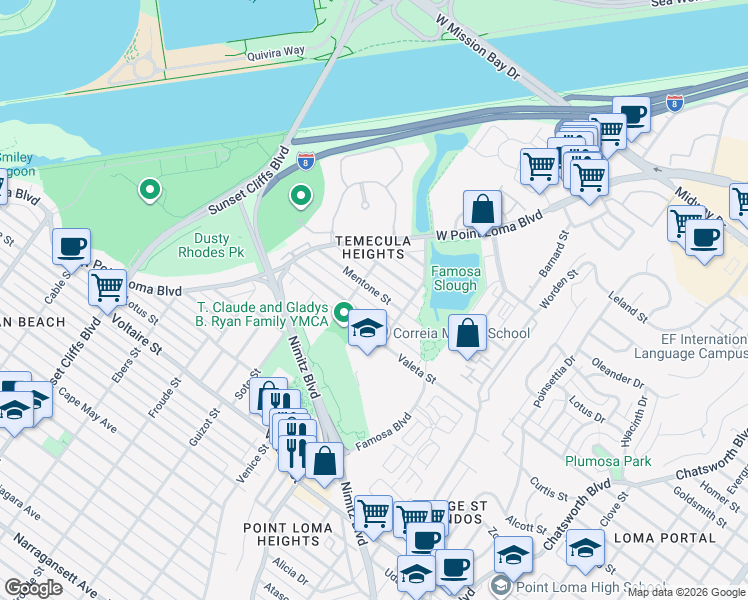map of restaurants, bars, coffee shops, grocery stores, and more near 4359 Temecula Street in San Diego