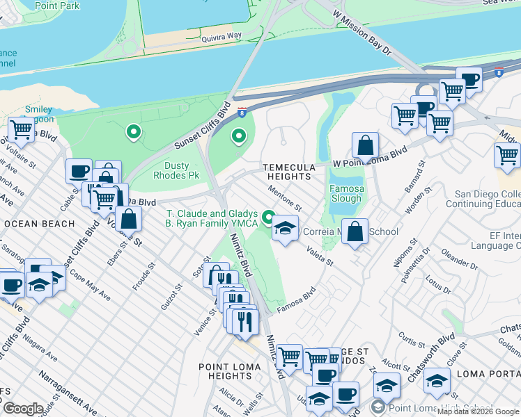 map of restaurants, bars, coffee shops, grocery stores, and more near 4453 Montalvo Street in San Diego