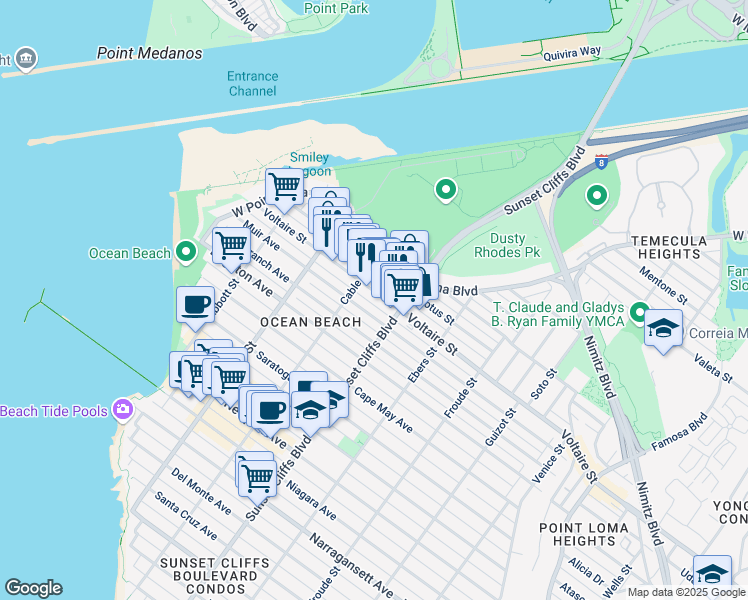 map of restaurants, bars, coffee shops, grocery stores, and more near 4896 Voltaire Street in San Diego