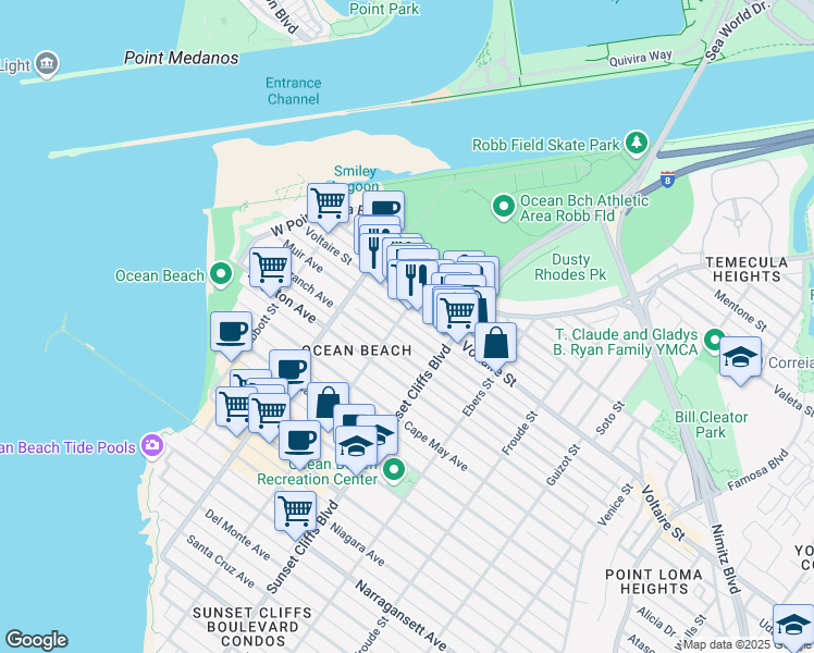 map of restaurants, bars, coffee shops, grocery stores, and more near 4896 Voltaire Street in San Diego