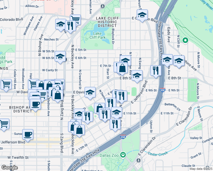 map of restaurants, bars, coffee shops, grocery stores, and more near 300 Starr Street in Dallas