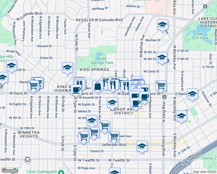 map of restaurants, bars, coffee shops, grocery stores, and more near 620 Winston Street in Dallas