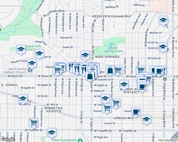 map of restaurants, bars, coffee shops, grocery stores, and more near 630 Turner Avenue in Dallas