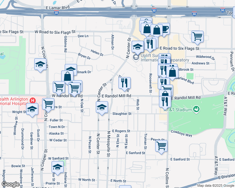 map of restaurants, bars, coffee shops, grocery stores, and more near 1012 Thannisch Drive in Arlington