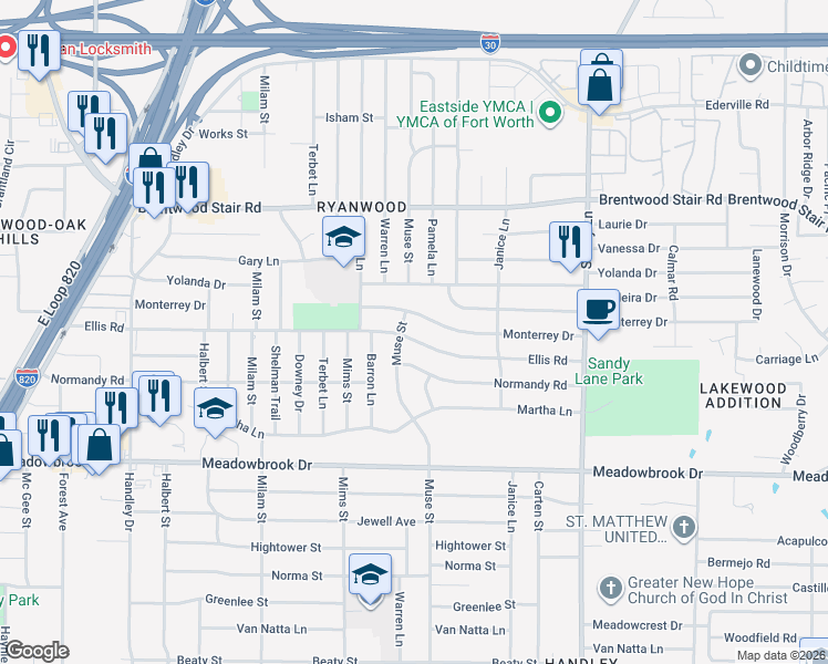 map of restaurants, bars, coffee shops, grocery stores, and more near 7116 Monterrey Drive in Fort Worth